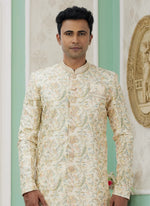 Thumbnail for Raivat Ethnic Banarasi Jacquard Embroidery Indo Western Sherwani In Yellow Colour - Distacart