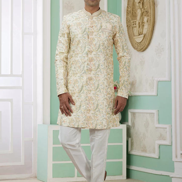 Raivat Ethnic Banarasi Jacquard Embroidery Indo Western Sherwani In Yellow Colour - Distacart
