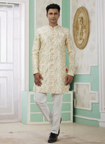 Thumbnail for Raivat Ethnic Banarasi Jacquard Embroidery Indo Western Sherwani In Yellow Colour - Distacart