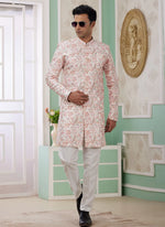 Thumbnail for Raivat Ethnic Banarasi Jacquard Embroidery Indo Western Sherwani In Peach Colour - Distacart