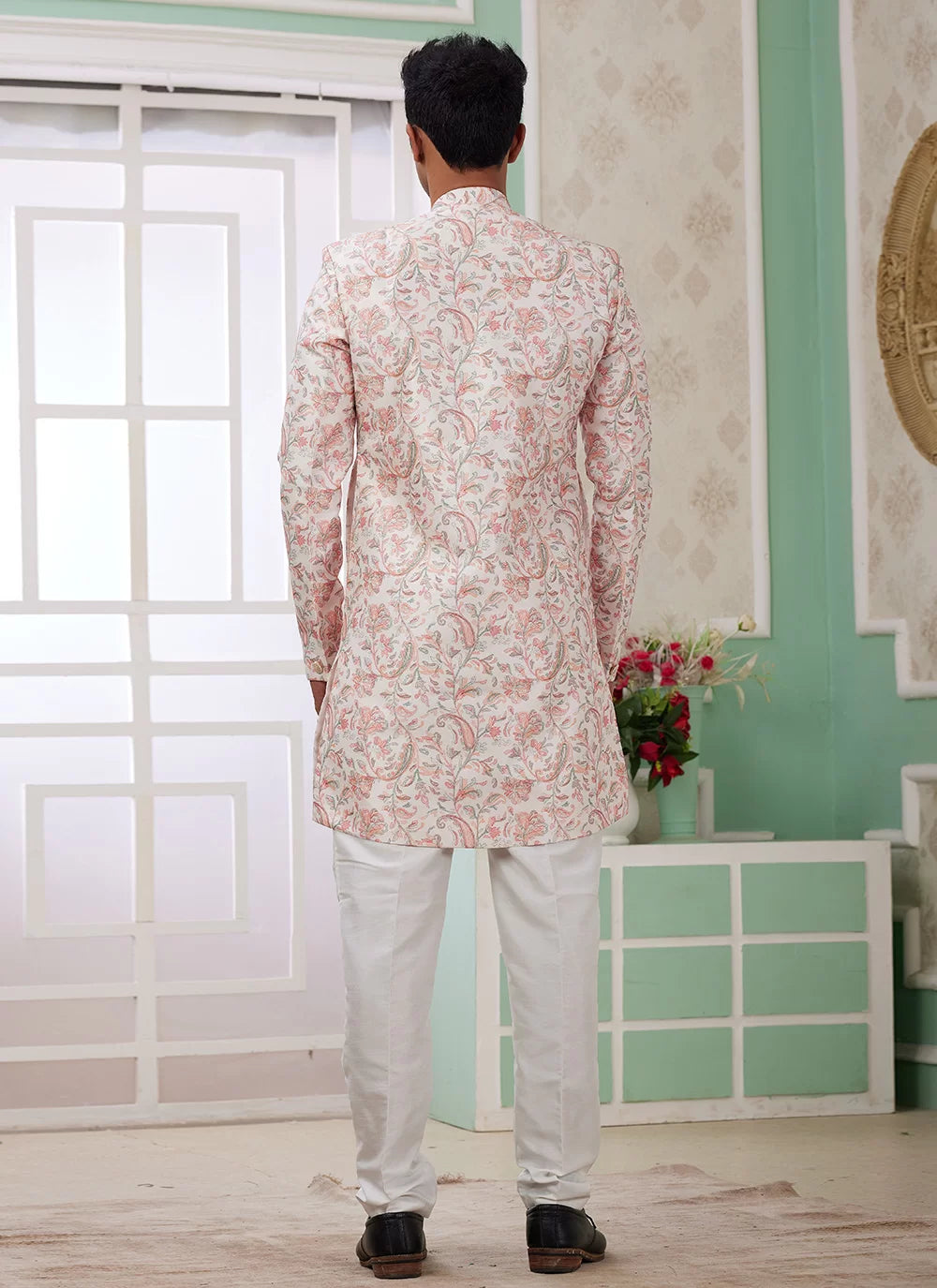 Raivat Ethnic Banarasi Jacquard Embroidery Indo Western Sherwani In Peach Colour - Distacart