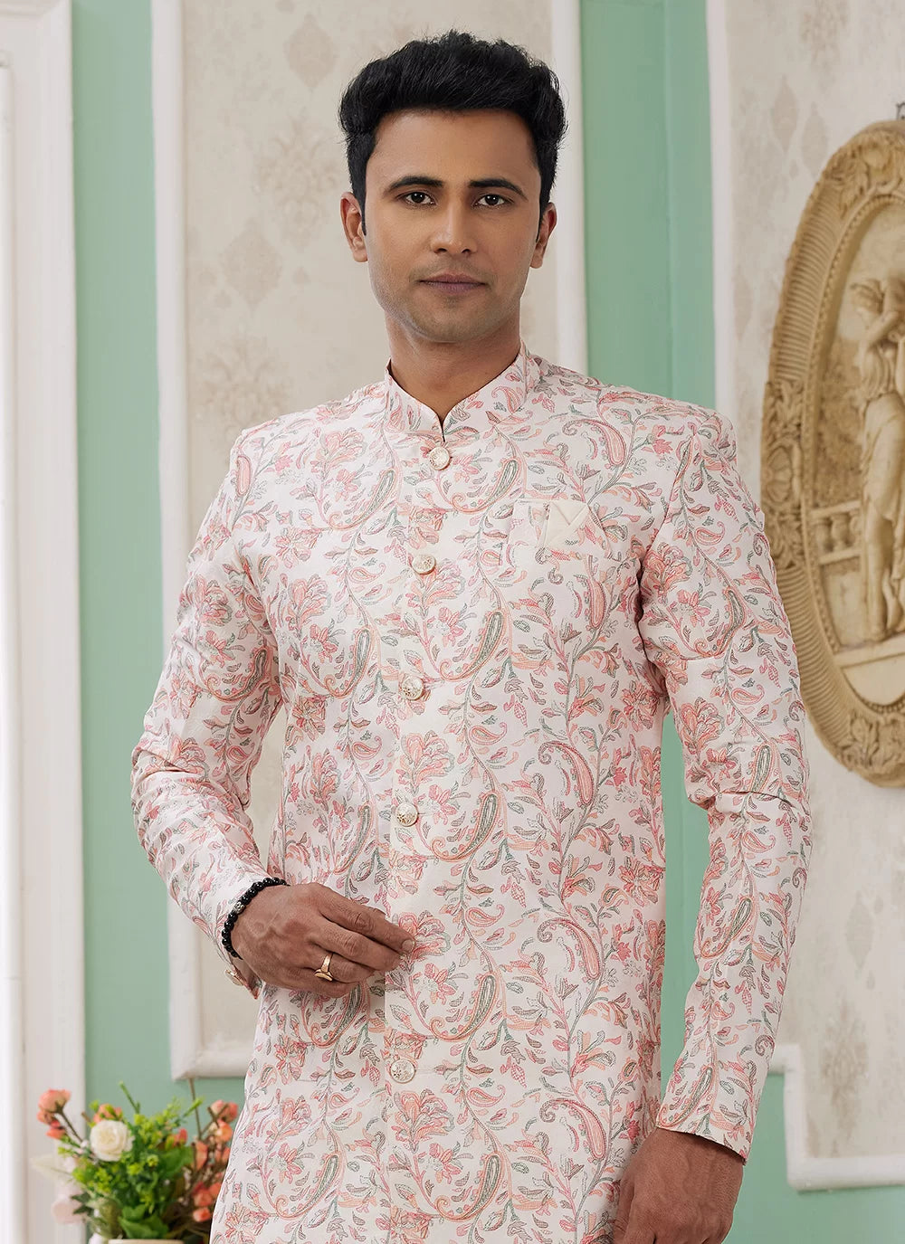 Raivat Ethnic Banarasi Jacquard Embroidery Indo Western Sherwani In Peach Colour - Distacart