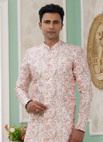 Thumbnail for Raivat Ethnic Banarasi Jacquard Embroidery Indo Western Sherwani In Peach Colour - Distacart
