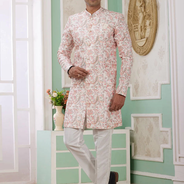 Raivat Ethnic Banarasi Jacquard Embroidery Indo Western Sherwani In Peach Colour - Distacart