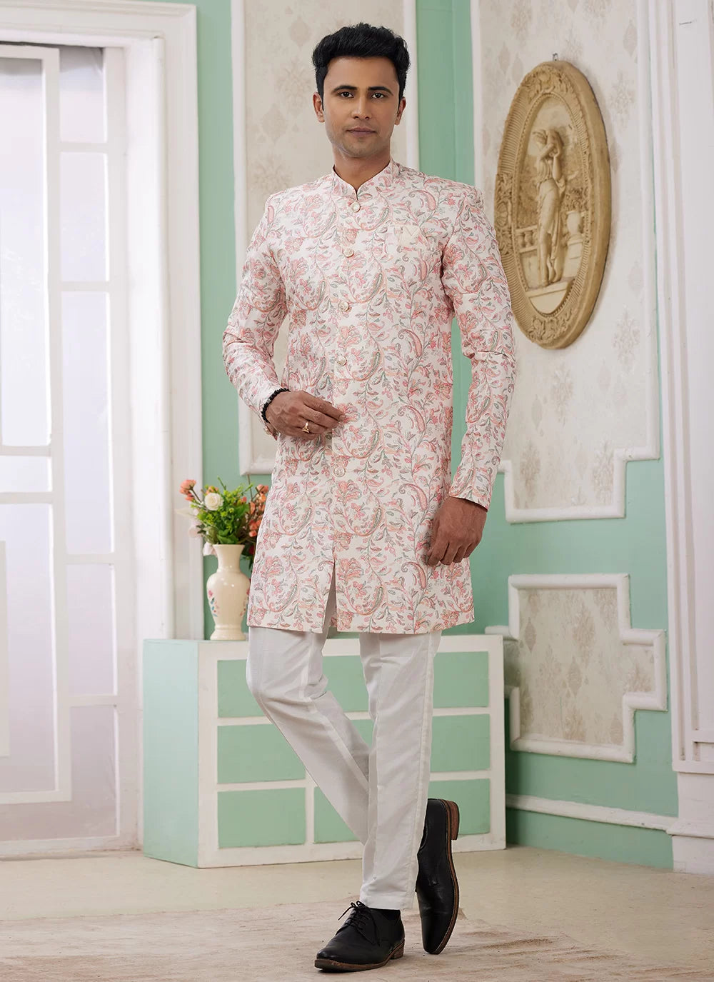 Raivat Ethnic Banarasi Jacquard Embroidery Indo Western Sherwani In Peach Colour