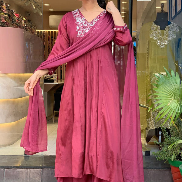 Vellora Viscose Chiffon Pink Daily Wear Sequins Work Readymade Kurti Set - Distacart