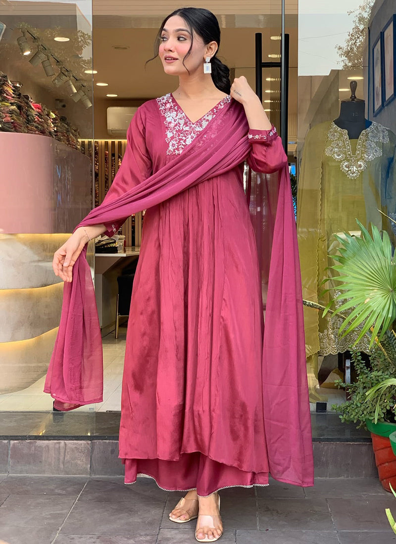 Vellora Viscose Chiffon Pink Daily Wear Sequins Work Readymade Kurti Set