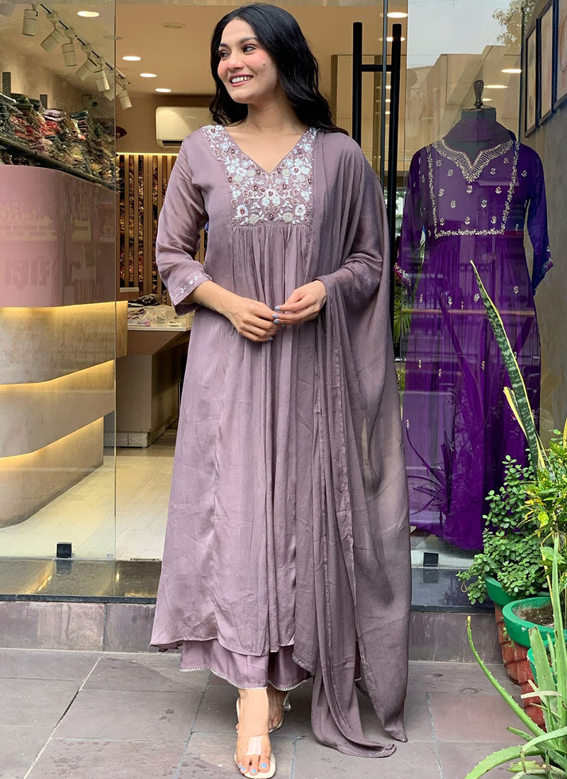 Vellora Viscose Chinnon Brown Daily Wear Sequins Work Readymade Kurti Set