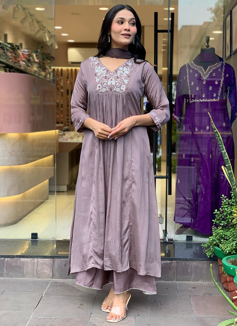 Vellora Viscose Chinnon Brown Daily Wear Sequins Work Readymade Kurti Set