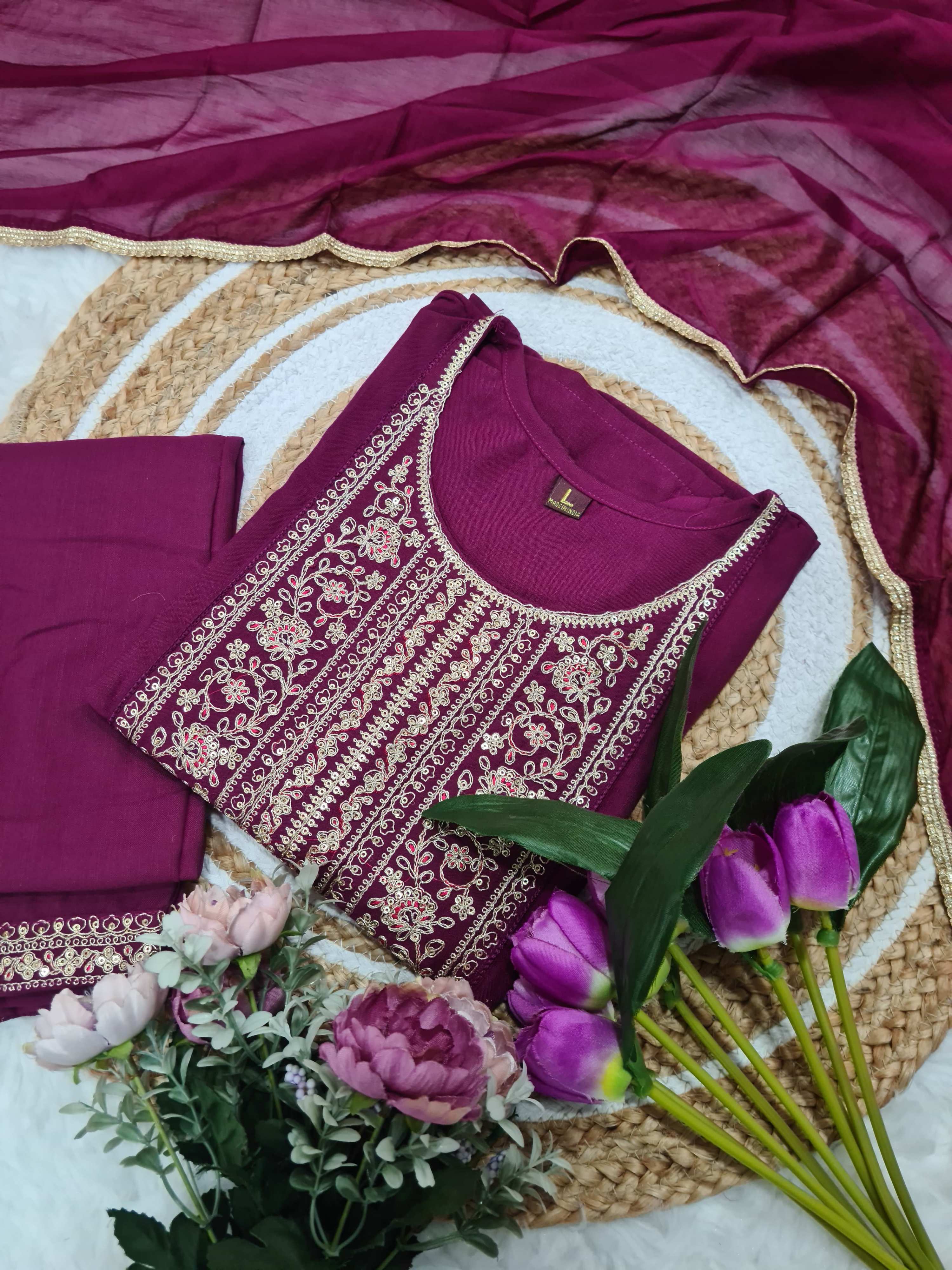 Vellora Rayon Slub Maroon Daily Wear Sequins Work Readymade Suit