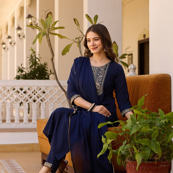Vellora Rayon Slub Navy Blue Daily Wear Sequins Work Readymade Suit - Distacart