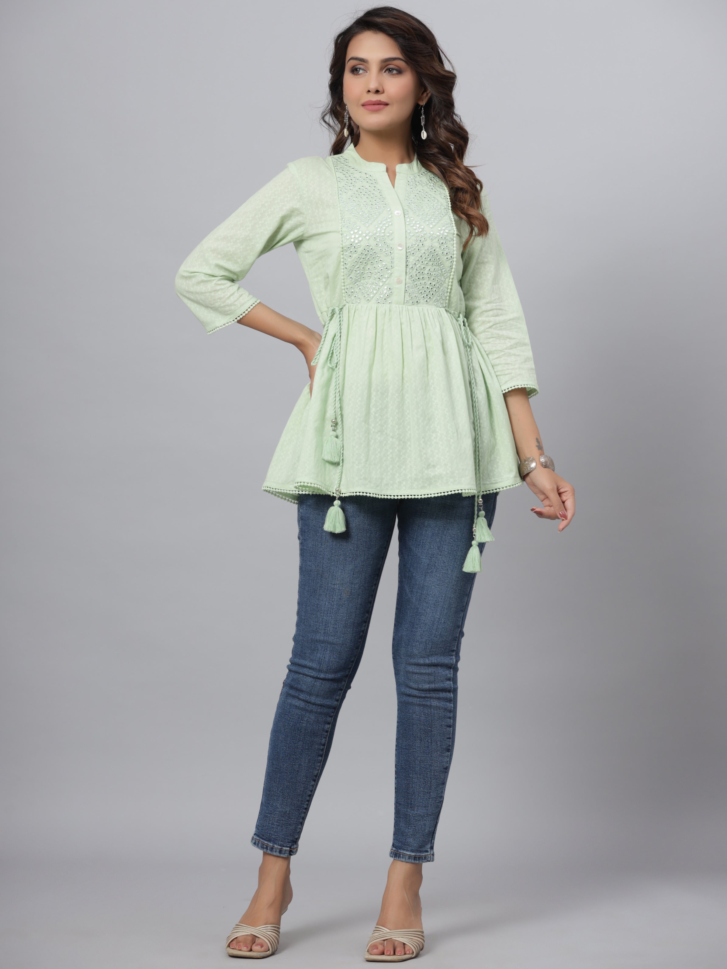 Juniper Green Ethnic Motif Printed Cotton Dobby Tunic With Mirror Work Embroidery - Distacart