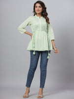 Thumbnail for Juniper Green Ethnic Motif Printed Cotton Dobby Tunic With Mirror Work Embroidery - Distacart