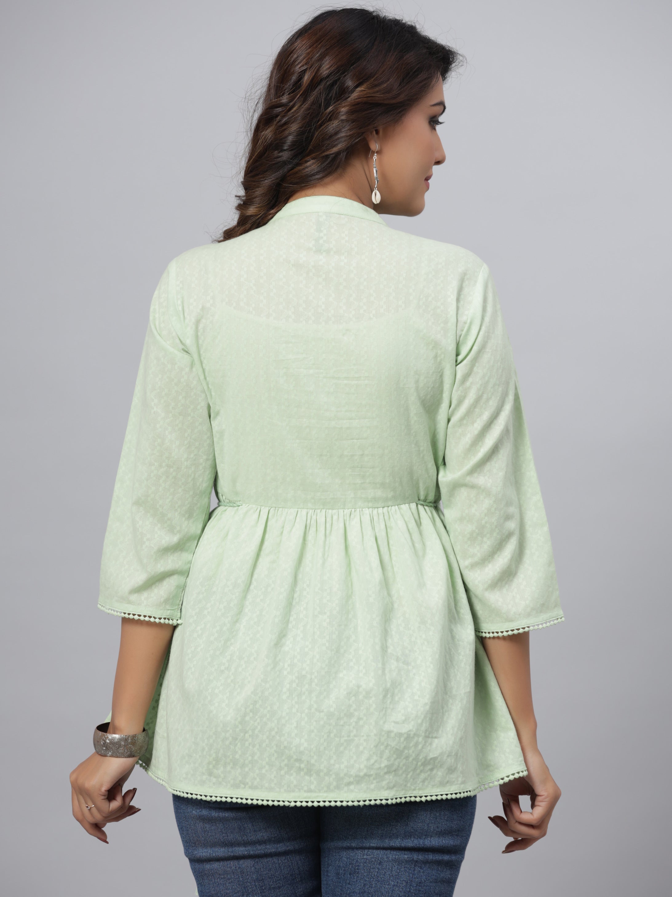 Juniper Green Ethnic Motif Printed Cotton Dobby Tunic With Mirror Work Embroidery - Distacart
