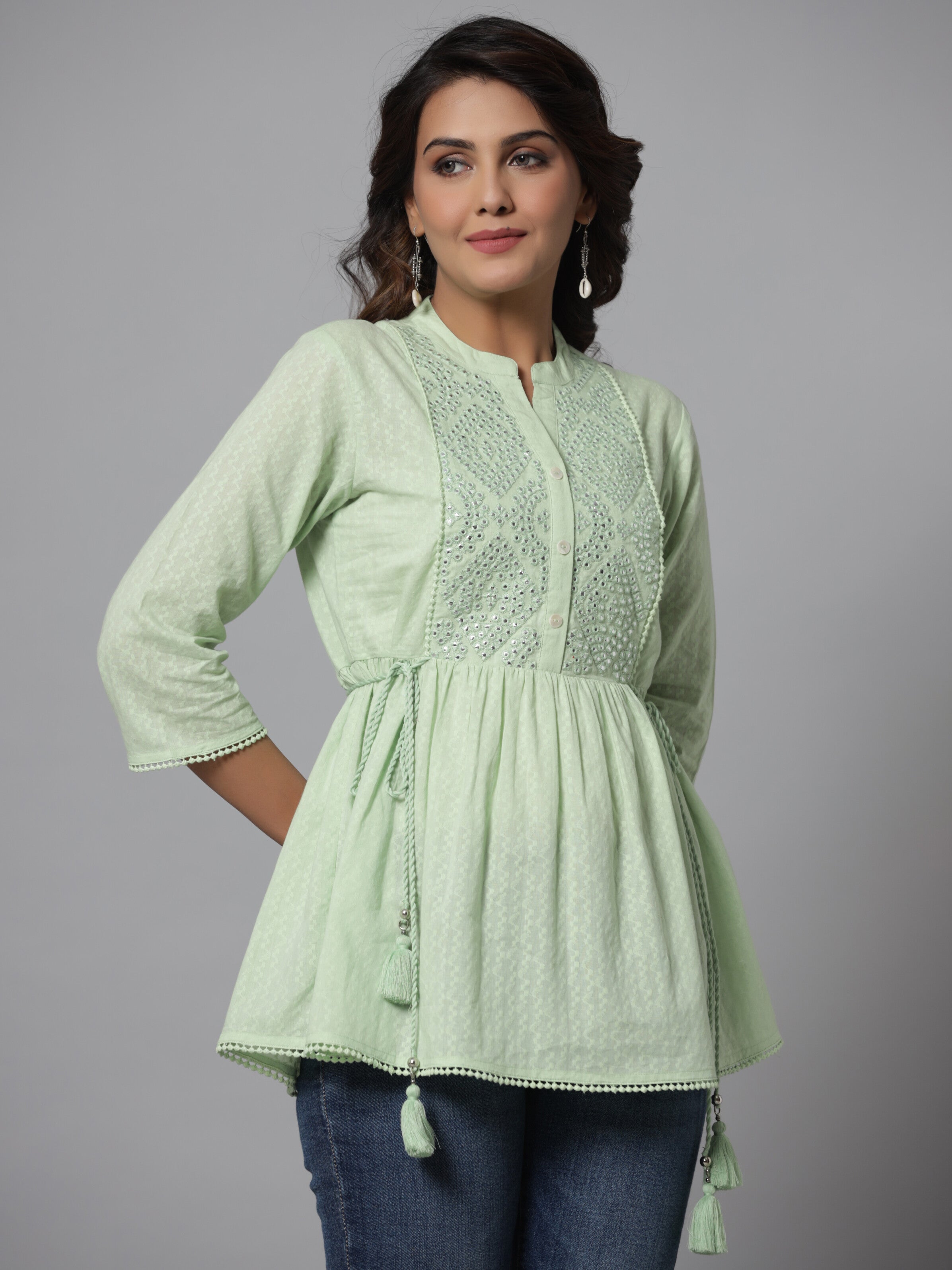 Juniper Green Ethnic Motif Printed Cotton Dobby Tunic With Mirror Work Embroidery - Distacart