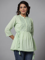 Thumbnail for Juniper Green Ethnic Motif Printed Cotton Dobby Tunic With Mirror Work Embroidery - Distacart