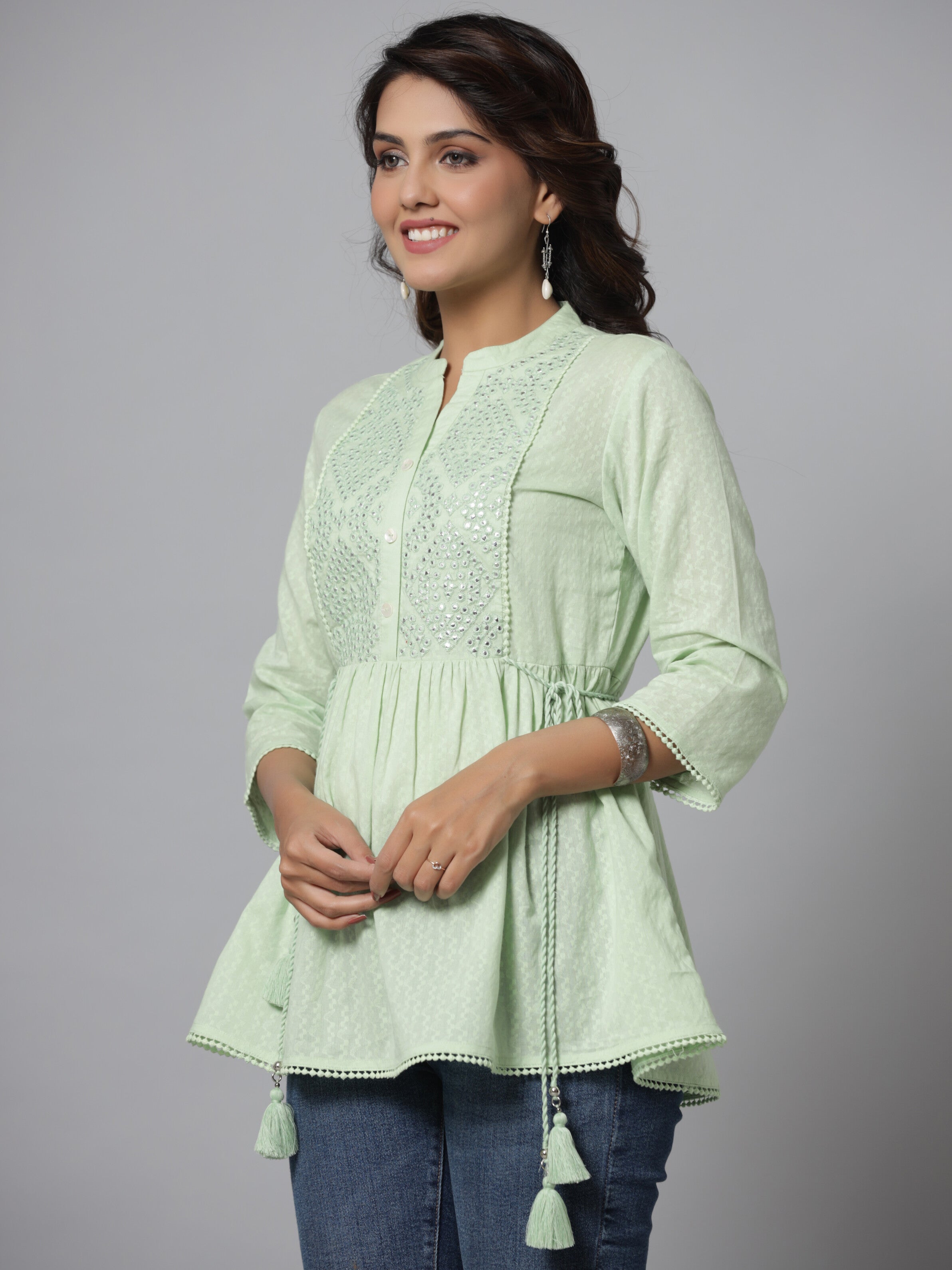 Juniper Green Ethnic Motif Printed Cotton Dobby Tunic With Mirror Work Embroidery - Distacart