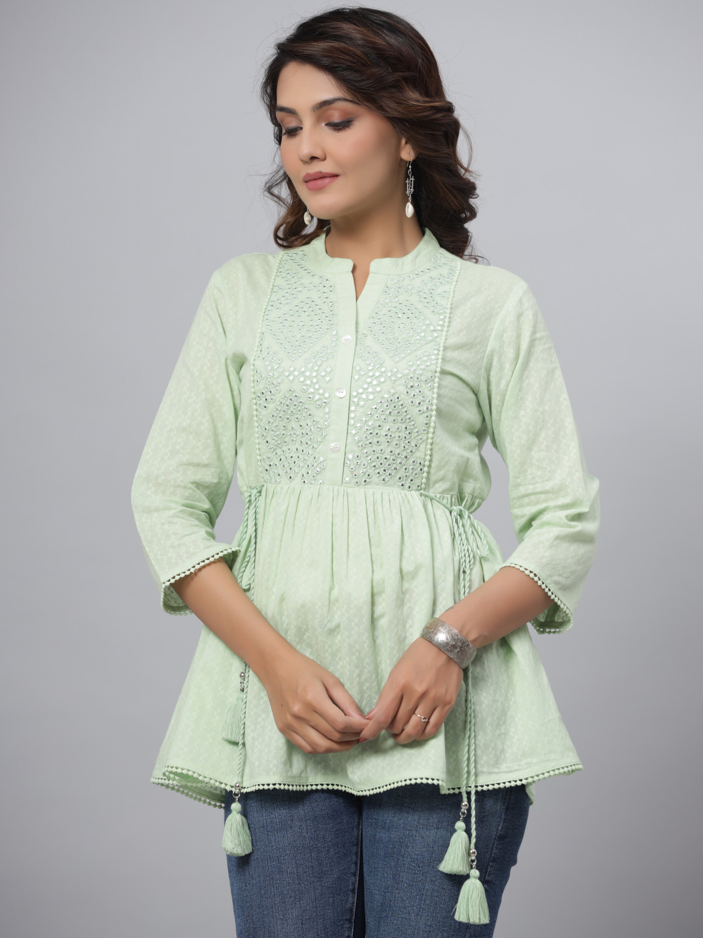 Juniper Green Ethnic Motif Printed Cotton Dobby Tunic With Mirror Work Embroidery - Distacart