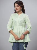 Thumbnail for Juniper Green Ethnic Motif Printed Cotton Dobby Tunic With Mirror Work Embroidery - Distacart