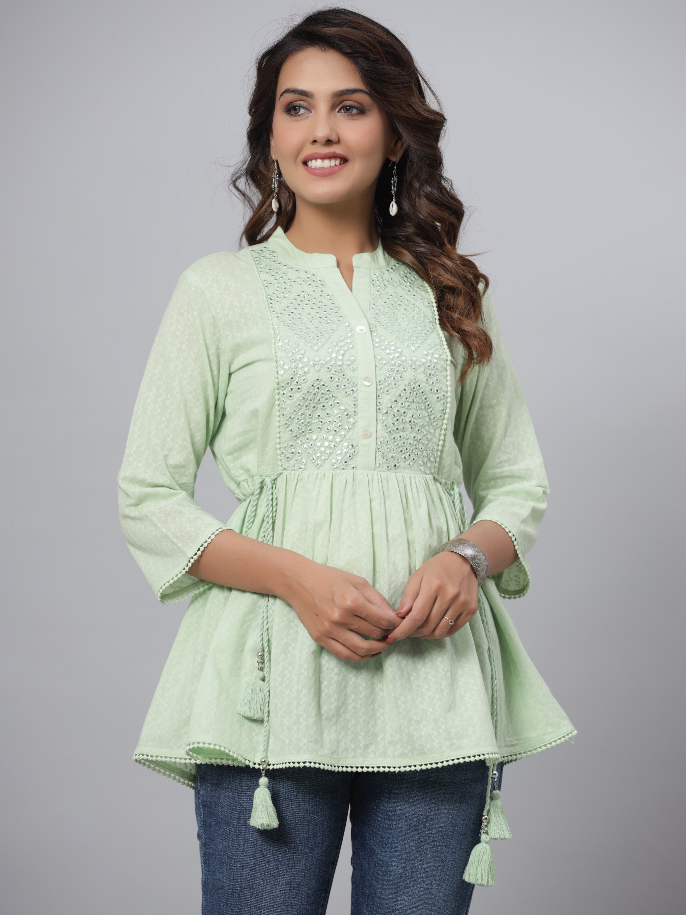 Juniper Green Ethnic Motif Printed Cotton Dobby Tunic With Mirror Work Embroidery - Distacart