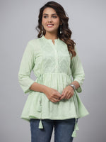 Thumbnail for Juniper Green Ethnic Motif Printed Cotton Dobby Tunic With Mirror Work Embroidery - Distacart