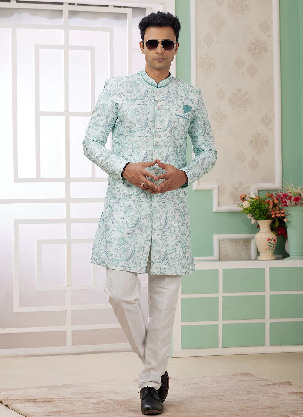 Raivat Ethnic Banarasi Jacquard Embroidery Indo Western Sherwani In Green Colour - Distacart