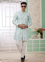 Thumbnail for Raivat Ethnic Banarasi Jacquard Embroidery Indo Western Sherwani In Green Colour - Distacart