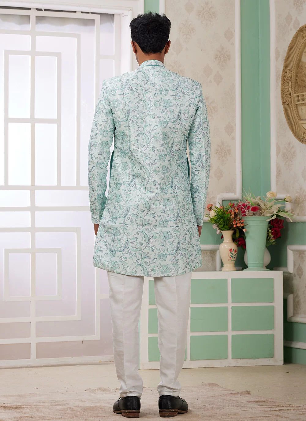 Raivat Ethnic Banarasi Jacquard Embroidery Indo Western Sherwani In Green Colour - Distacart