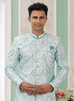 Thumbnail for Raivat Ethnic Banarasi Jacquard Embroidery Indo Western Sherwani In Green Colour - Distacart