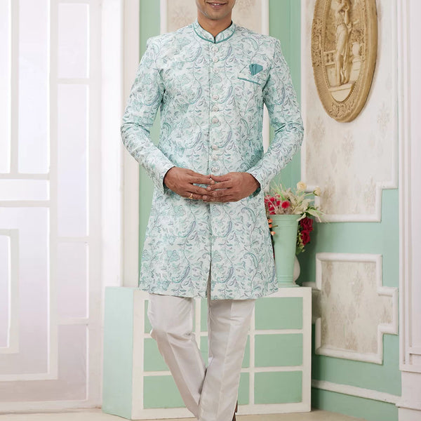 Raivat Ethnic Banarasi Jacquard Embroidery Indo Western Sherwani In Green Colour - Distacart