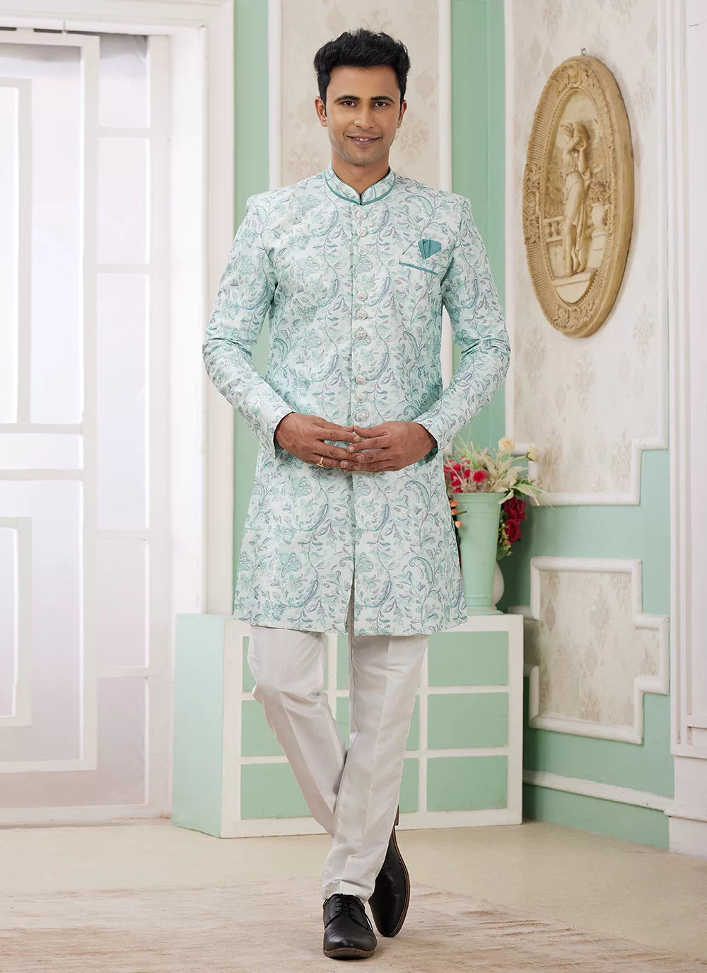Raivat Ethnic Banarasi Jacquard Embroidery Indo Western Sherwani In Green Colour