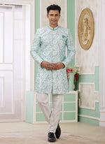 Thumbnail for Raivat Ethnic Banarasi Jacquard Embroidery Indo Western Sherwani In Green Colour - Distacart