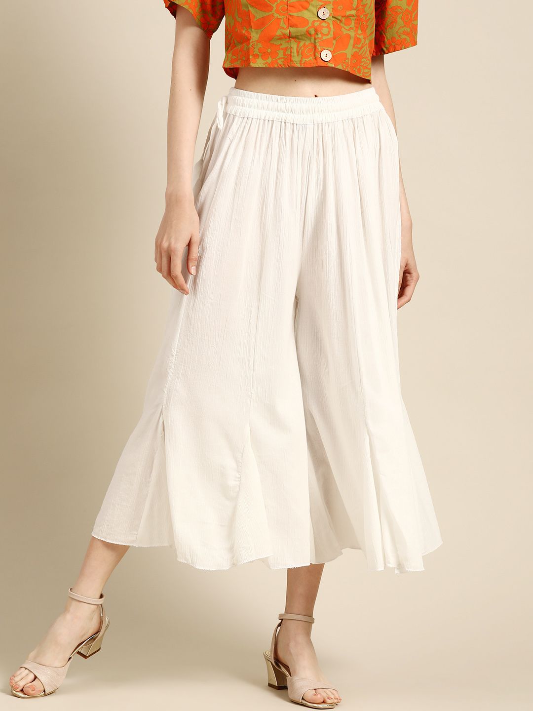 TAG 7 Women White Solid Crushed Flared Cropped Palazzos - Distacart