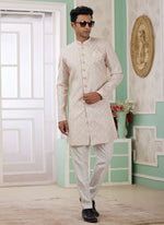 Thumbnail for Raivat Ethnic Banarasi Jacquard Embroidery Indo Western Sherwani In Beige Colour - Distacart