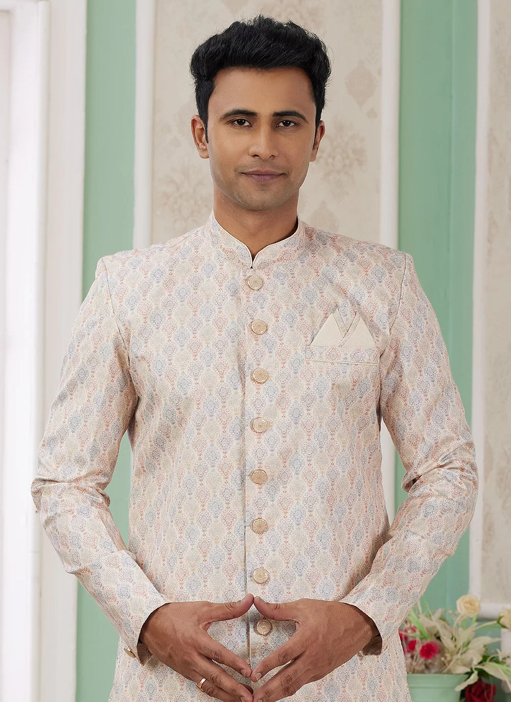 Raivat Ethnic Banarasi Jacquard Embroidery Indo Western Sherwani In Beige Colour - Distacart