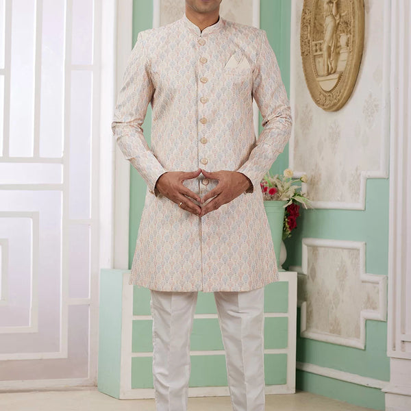 Raivat Ethnic Banarasi Jacquard Embroidery Indo Western Sherwani In Beige Colour - Distacart