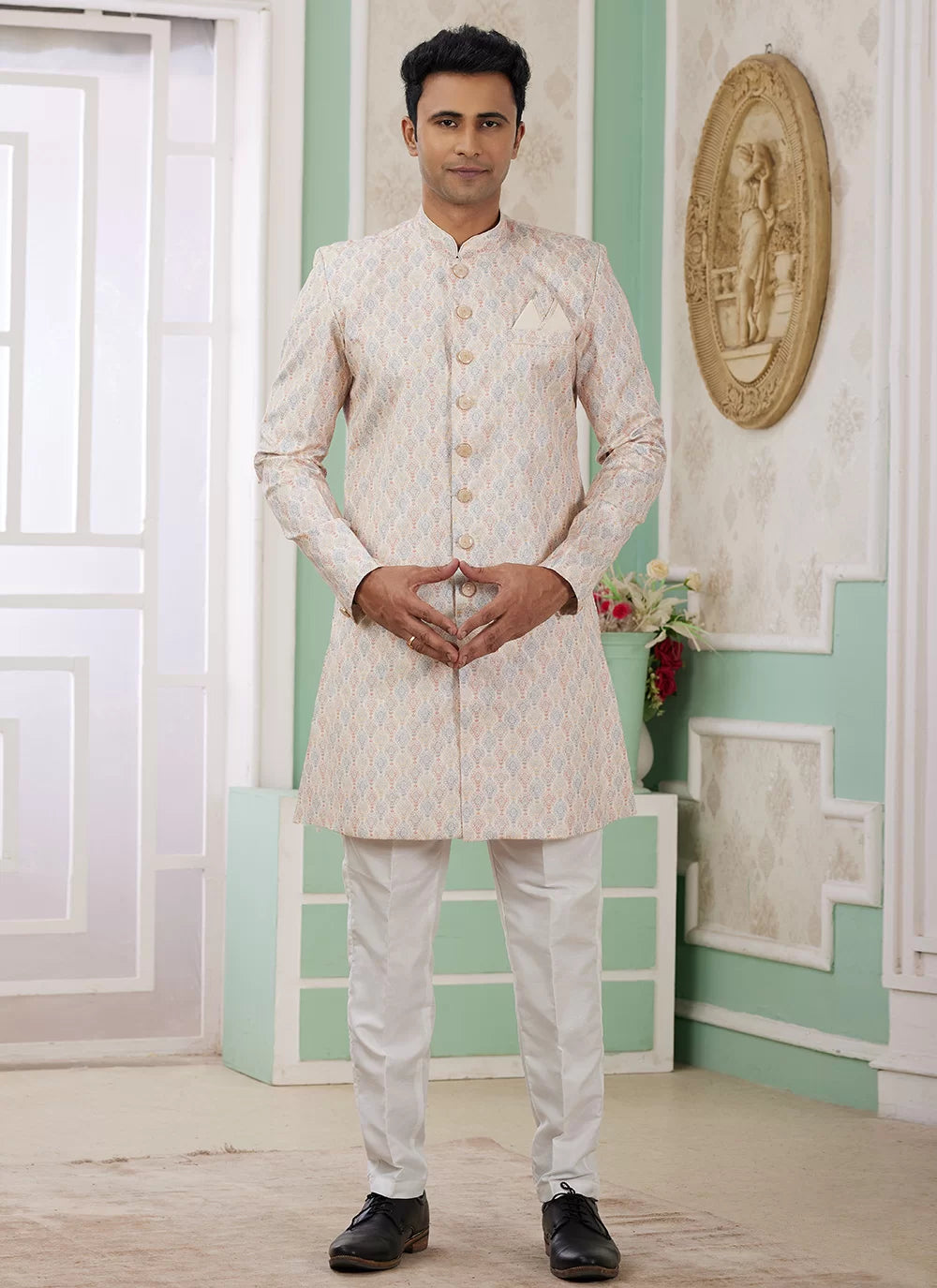 Raivat Ethnic Banarasi Jacquard Embroidery Indo Western Sherwani In Beige Colour - Distacart