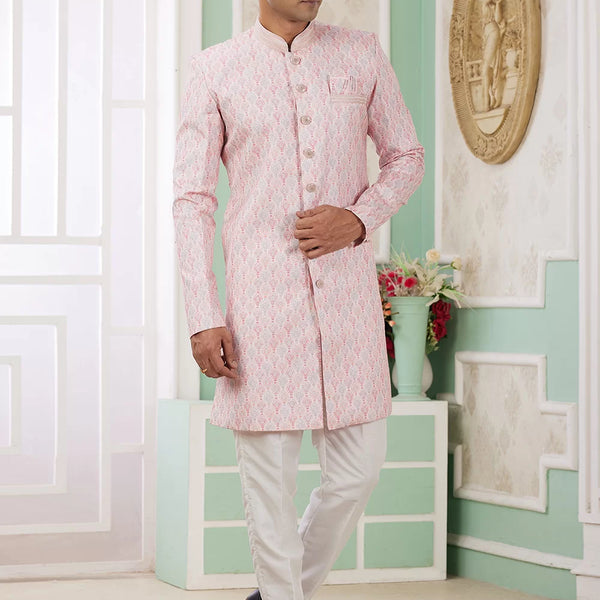 Raivat Ethnic Banarasi Jacquard Embroidery Indo Western Sherwani In Pink Colour - Distacart