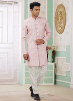 Thumbnail for Raivat Ethnic Banarasi Jacquard Embroidery Indo Western Sherwani In Pink Colour - Distacart