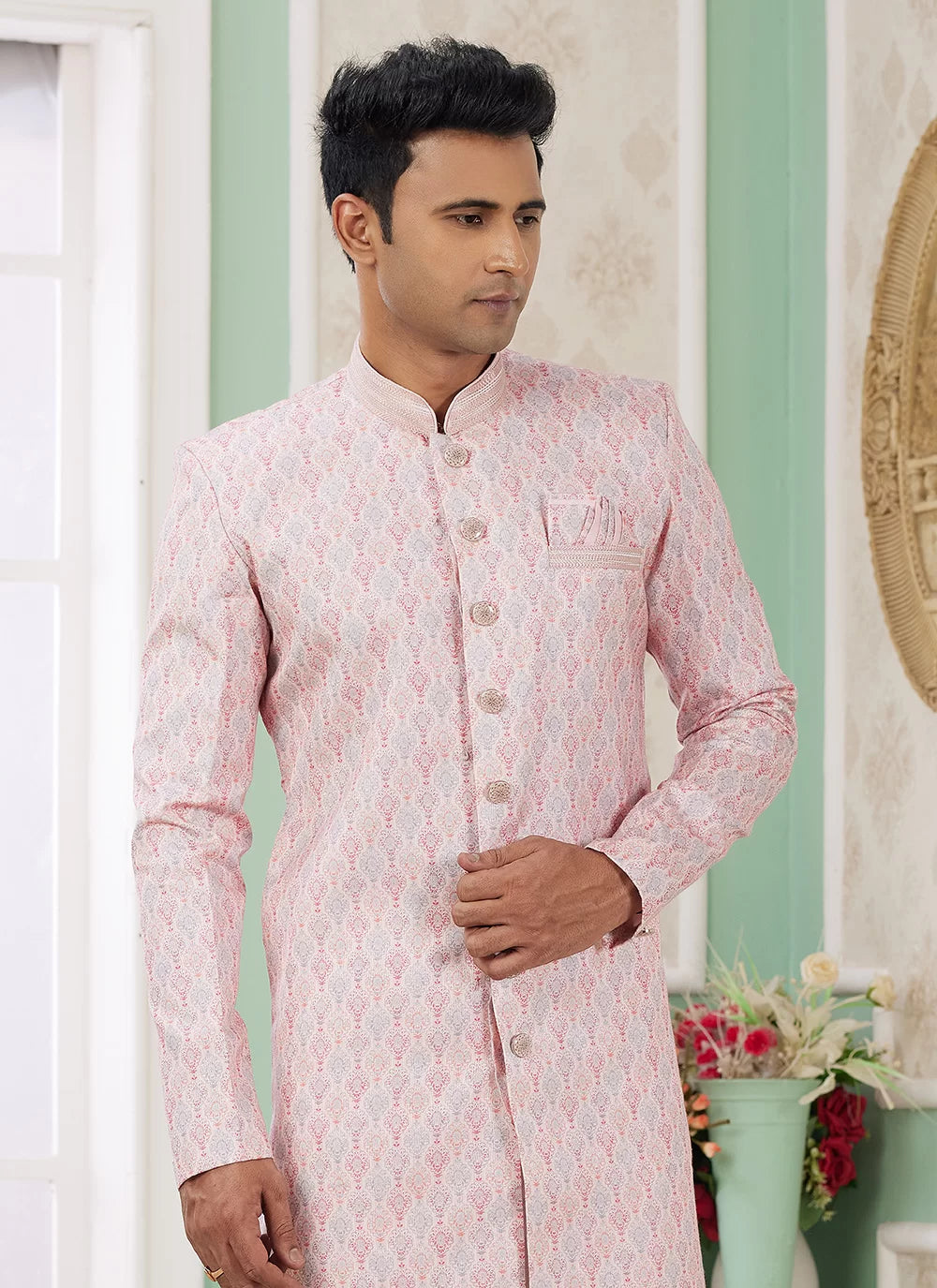 Raivat Ethnic Banarasi Jacquard Embroidery Indo Western Sherwani In Pink Colour - Distacart