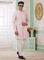 Thumbnail for Raivat Ethnic Banarasi Jacquard Embroidery Indo Western Sherwani In Pink Colour - Distacart