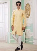 Thumbnail for Raivat Ethnic Banarasi Jacquard Embroidery Indo Western Sherwani In Yellow Colour - Distacart