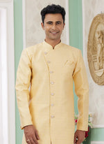 Thumbnail for Raivat Ethnic Banarasi Jacquard Embroidery Indo Western Sherwani In Yellow Colour - Distacart
