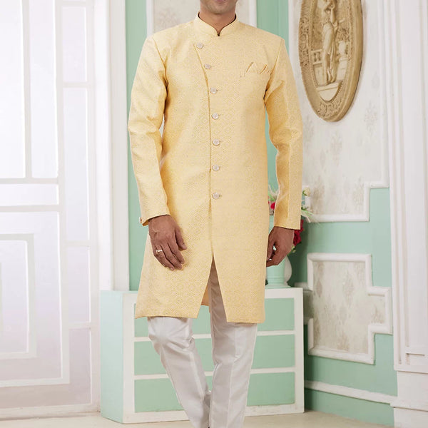 Raivat Ethnic Banarasi Jacquard Embroidery Indo Western Sherwani In Yellow Colour - Distacart