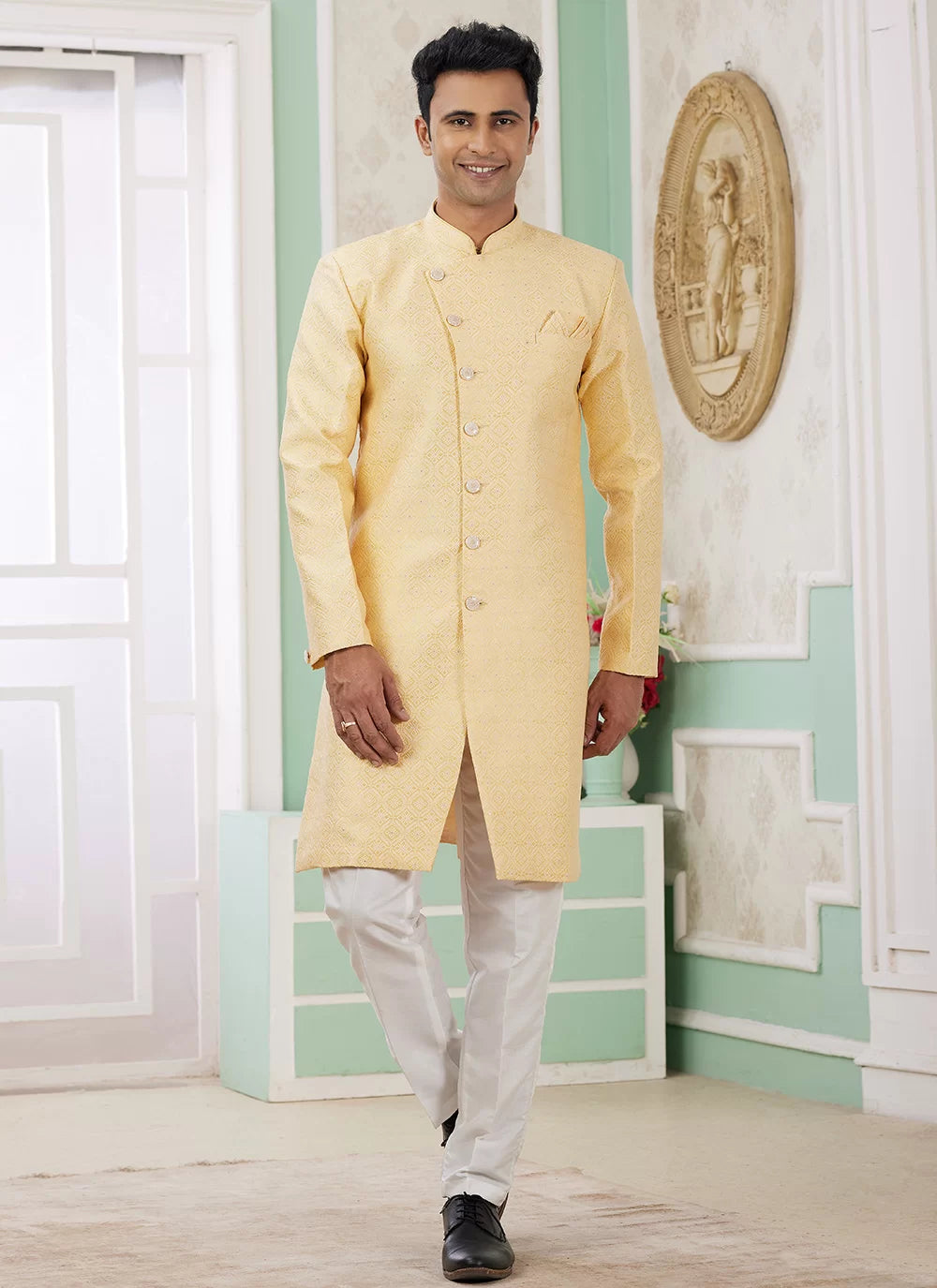 Raivat Ethnic Banarasi Jacquard Embroidery Indo Western Sherwani In Yellow Colour