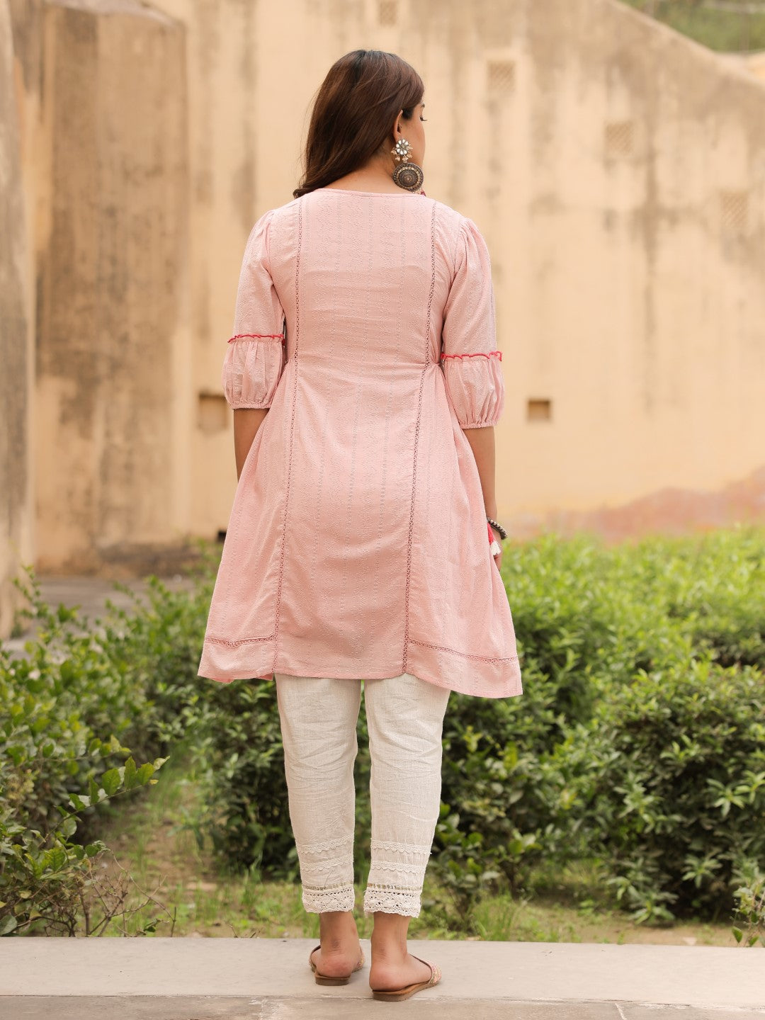 Juniper Women's Pink Floral Printed Cotton Dobby Flared Short Kurta With Pant With Thread Embroidery - Distacart