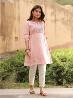 Thumbnail for Juniper Women's Pink Floral Printed Cotton Dobby Flared Short Kurta With Pant With Thread Embroidery - Distacart