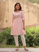 Thumbnail for Juniper Women's Pink Floral Printed Cotton Dobby Flared Short Kurta With Pant With Thread Embroidery - Distacart