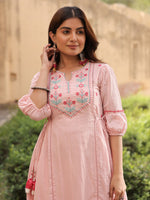 Thumbnail for Juniper Women's Pink Floral Printed Cotton Dobby Flared Short Kurta With Pant With Thread Embroidery - Distacart