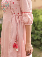 Thumbnail for Juniper Women's Pink Floral Printed Cotton Dobby Flared Short Kurta With Pant With Thread Embroidery - Distacart